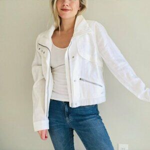 Athleta Sahara 100% Linen Cropped Moto Jacket Zip-Snap Pocket White Women Sz.S